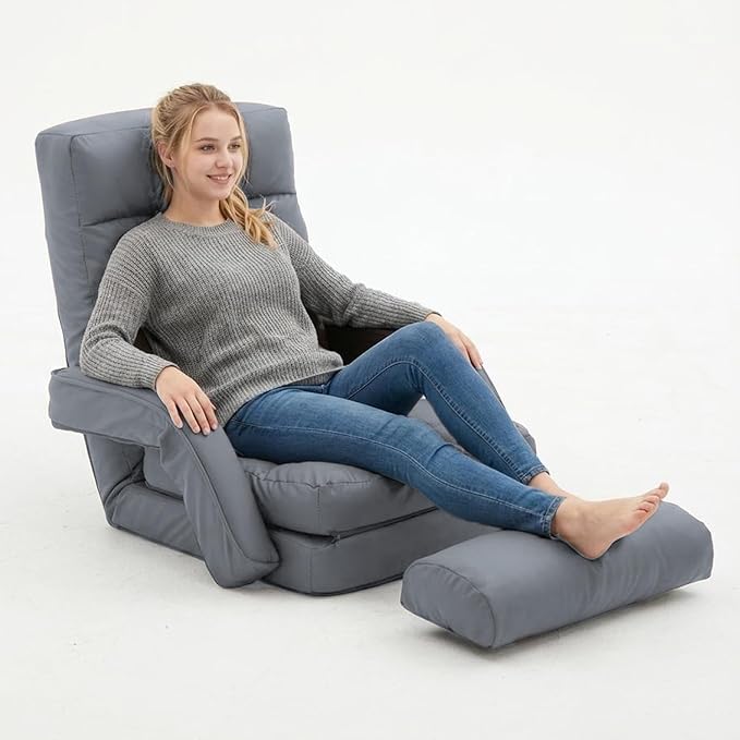 FLOGUOR 14-Position Adjustable Floor Chair, Chaise Lounge Indoor, Folding Lazy Sofa with Armrests and a Pillow Padded Adults Gaming Chairs for Living Room, Bedroom Factory Price,8803 (Grey（PU）)