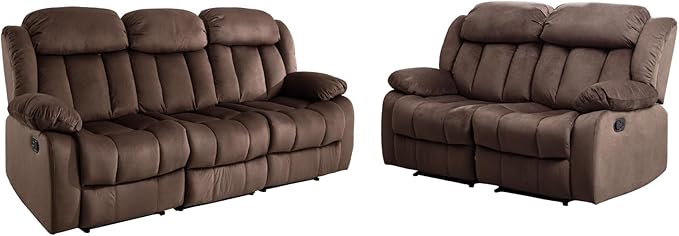 EBELLO Manual Reclining Sofa Set, Classic 5-Seater Furniture Set with Overstuffed Arms and Backrest, Include 1 Loveseat Couch and 1 3- Seat Sofa, Brown