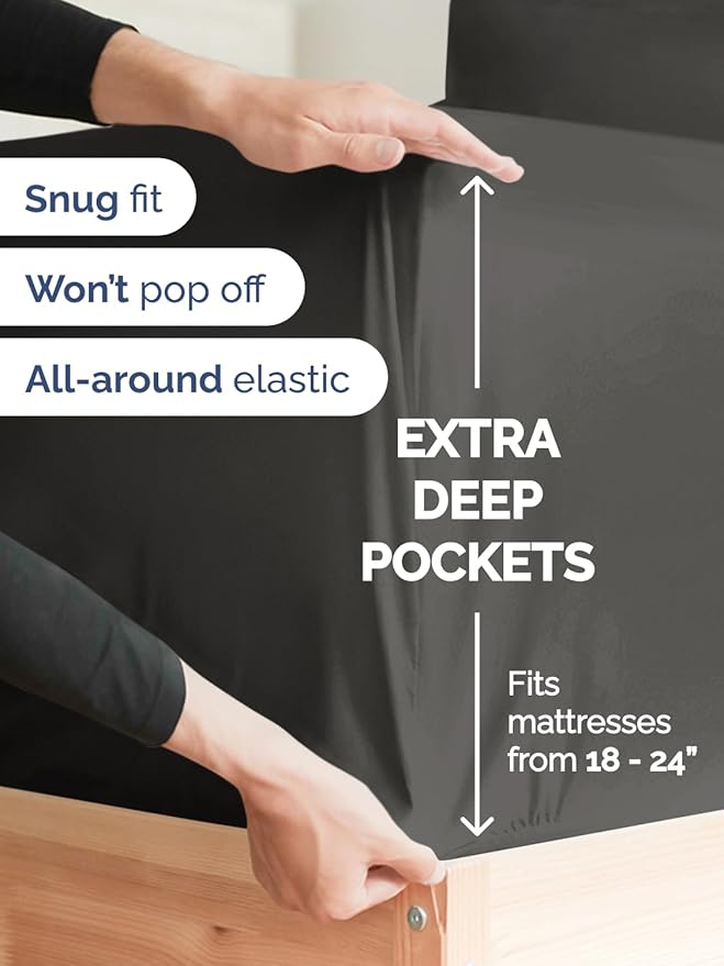Extra Deep Pocket Full Sheets - 4 Piece Breathable & Cooling Bed Sheets - Hotel Luxury Bed Sheet Set - Soft, Wrinkle Free & Comfy - Easily Fits Extra Deep Mattresses - Deep Pocket Charcoal Sheets Set