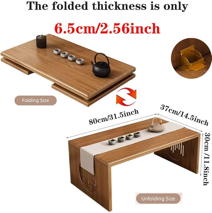 Japanese Floor Table Folding Coffee Table No Assembly, Solid Wood Small Coffee Table Meditation Table for Sitting on The Floor, Tea Room Tatami Dining, Portable & Easy Storage Compact Design