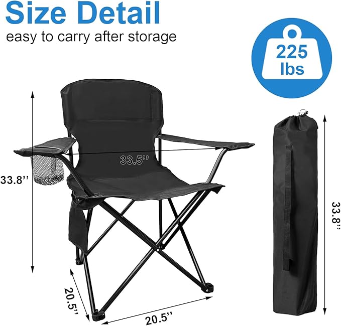 SAILARY Folding Camping Chair with Cup Holder and Cooler Bag, 225lbs Capacity, Upgraded Portable Foldable Chair with Heavy Duty Steel Frame for Outdoor, Beach, Fishing, Backpacking, Black 2PCS