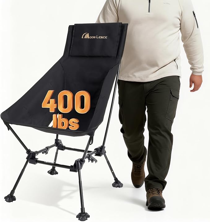 MOON LENCE Oversized High Back Camping Chair for Adults, Height Adjustable Folding Camping Chair with 400 lbs Capacity, Hidden Pillow Pocket and Wide Seat for Camping, Hiking, Picnics, Black