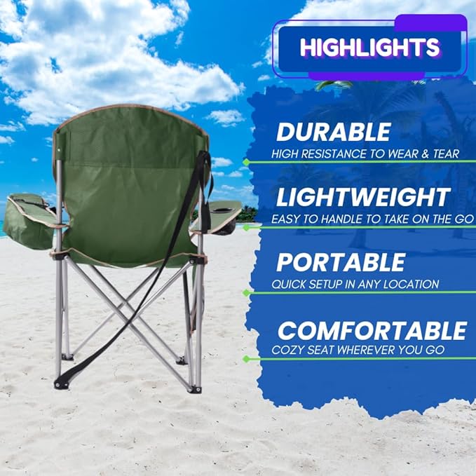 EZONE 4-Pack Camping Chairs with Built-in Ice Cooler, Portable Chair, Storage Pocket, Cup Holder, and Carry Bag Perfect for Camping, Tailgating, Fishing, Beach, and Lawn (4, Olive Green)