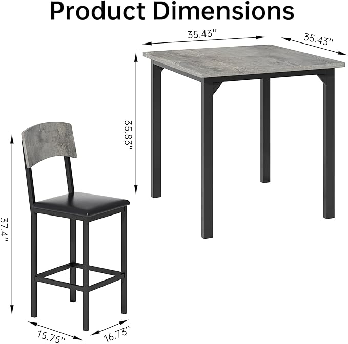 AWQM 5-Piece Dining Table Set, Dining Table Set for 4, Counter Height Table & 4 Bar Stools, Modern Kitchen Dining Set, with Upholstered Chairs, Compact Dining Set for Small Spaces, Gray