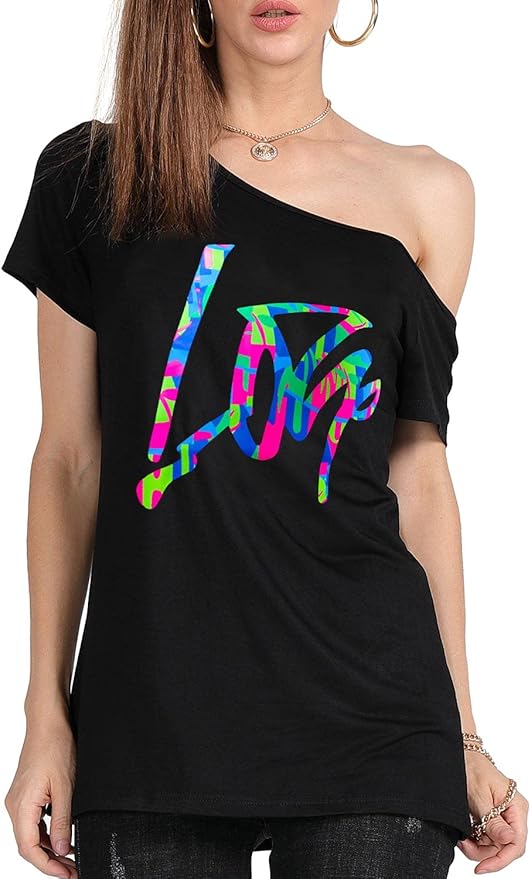 MAGICMK Women’s Short Lips Print Causal Off The Shoulder Plus Size T-Shirt Tops