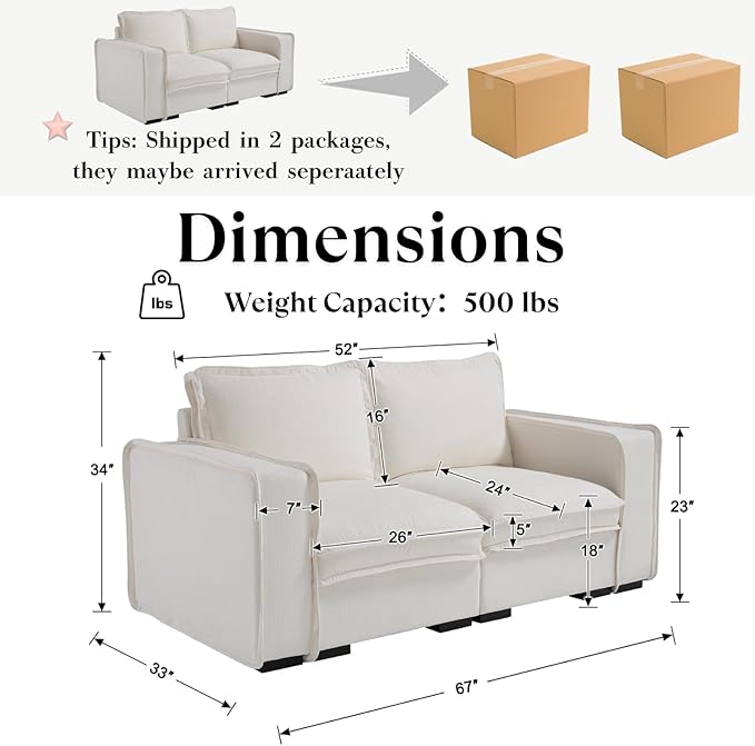HEAY-YO 67 Inches Modern Modular Sectional Sofa,2-Seater Comfy Couch with High Density Foam and Armrests,Floor Sofa for Living Room Bedroom Apartment,Linen White