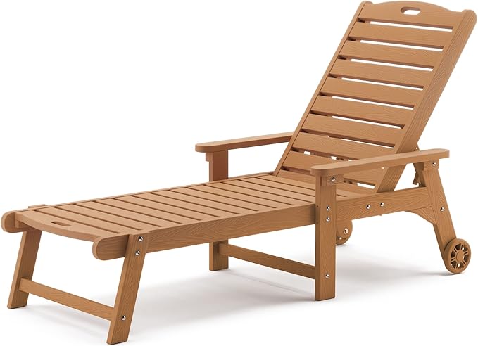 LUE BONA Outdoor Chaise Lounge, HDPS Chaise Lounger, 5 Positions Adjustable Lounge Chairs, Pool Lounge Chair with Wheels for Poolside, Backyard, Teak Color