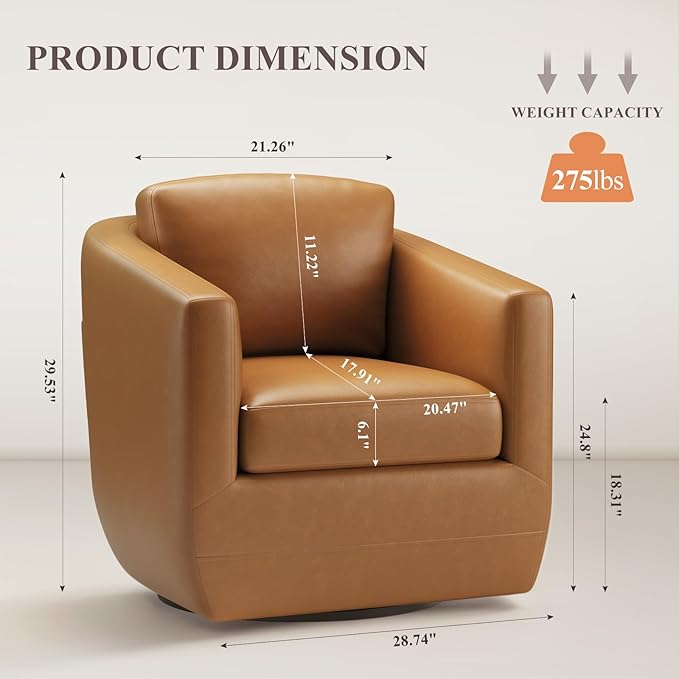 MALOL 360° Swivel Accent Chair- Comfy Living Room Armchair No-Sag Foam & Sturdy Metal Base with Pillow, Fully Assembled Swivel Accent Single Sofa for Bedroom Living Room, Office, Brown