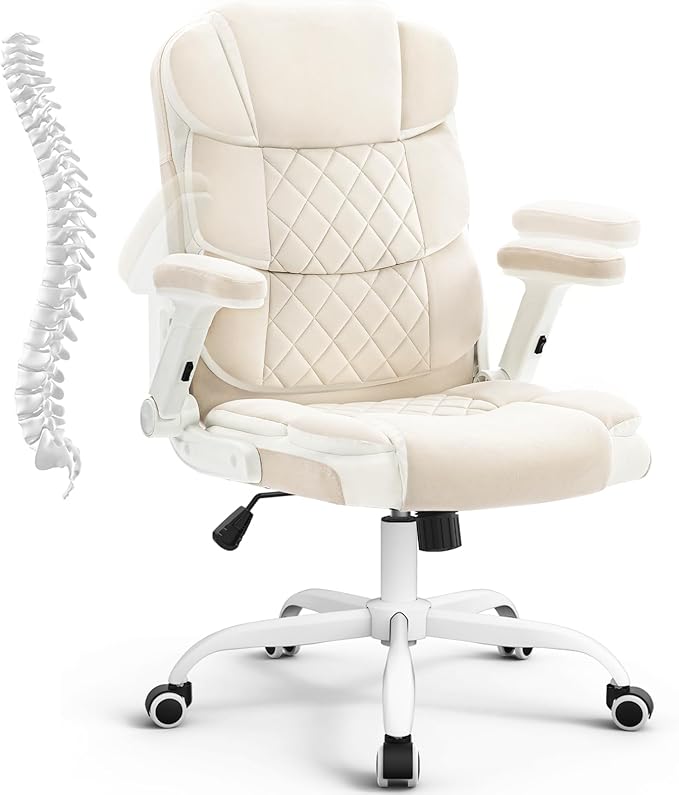 SEATZONE Home Office Desk Chairs with Wheels and Flip-up Armrests,Velvet Fabric Executive Office Chair Comfortable Ergonomic Computer Chairs for Adults and Teens,Beige