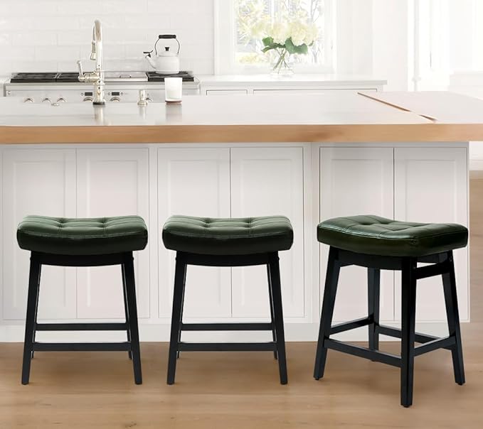 RNKSFX Counter Height Bar Stools Set of 2 for Kitchen Counter Farmhouse Modern Barstools with Faux Leather Upholstered Backless Seat and Solid Wood Legs 24 inch Bar Chairs, Green + Black