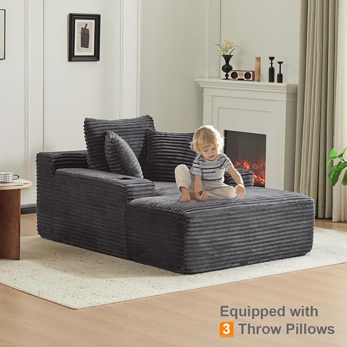 66" Oversized Chaise Lounge Sofa Chair Indoor, Modern Corduroy Single Sleeper Couch Chair with 3 Soft Pillows＆Cup Holder, Boneless Cloud Couch Single Seat Sofa Bed for Living Room Office (Dark Grey)