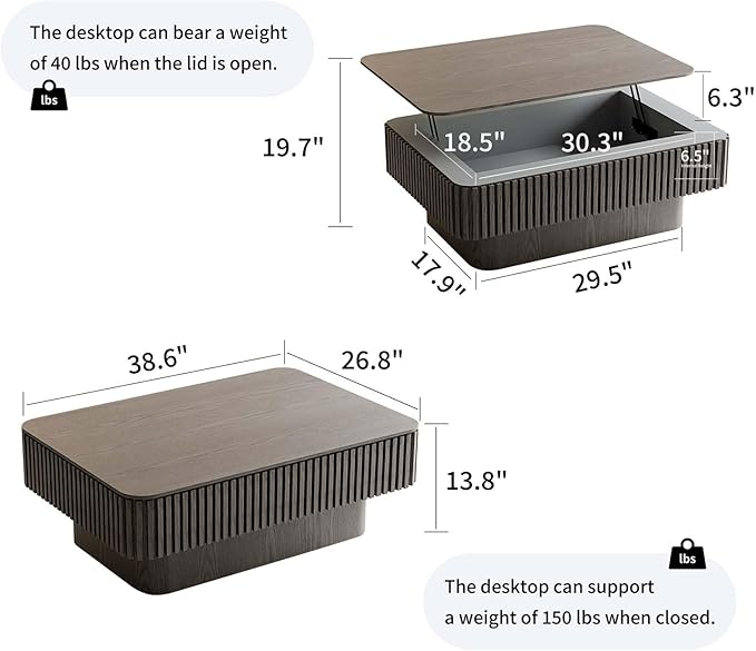 FGXJY Lift Coffee Table with Storage & Adjustable Height, Rectangle Solid Wood Coffee Table Fluted Center Table Accent Tea Table or Living Room, Apartment, Office (38.6" Grey)