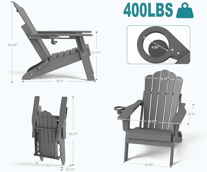 FOOWIN Adirondack Chair Set of 2, Folding Adirondack Chair with Cup Holder, HDPE All-Weather Fire Pit Chair for Patio, Garden, Backyard, Poolside, Grey