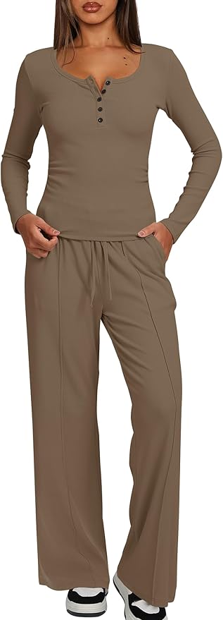 Darong Womens 2 Piece Matching Lounge Sets 2026 Long Sleeve Henley Shirts Wide Leg Pants Airport Travel Outfits