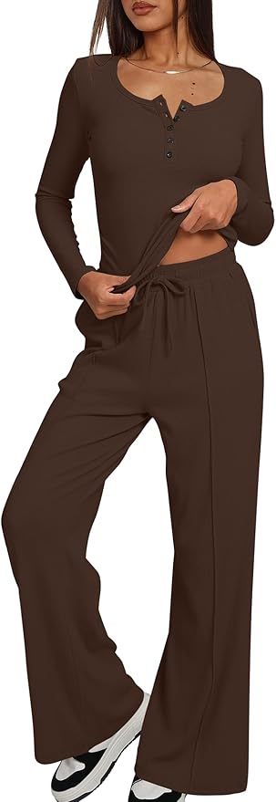 Darong Womens 2 Piece Matching Lounge Sets 2026 Long Sleeve Henley Shirts Wide Leg Pants Airport Travel Outfits