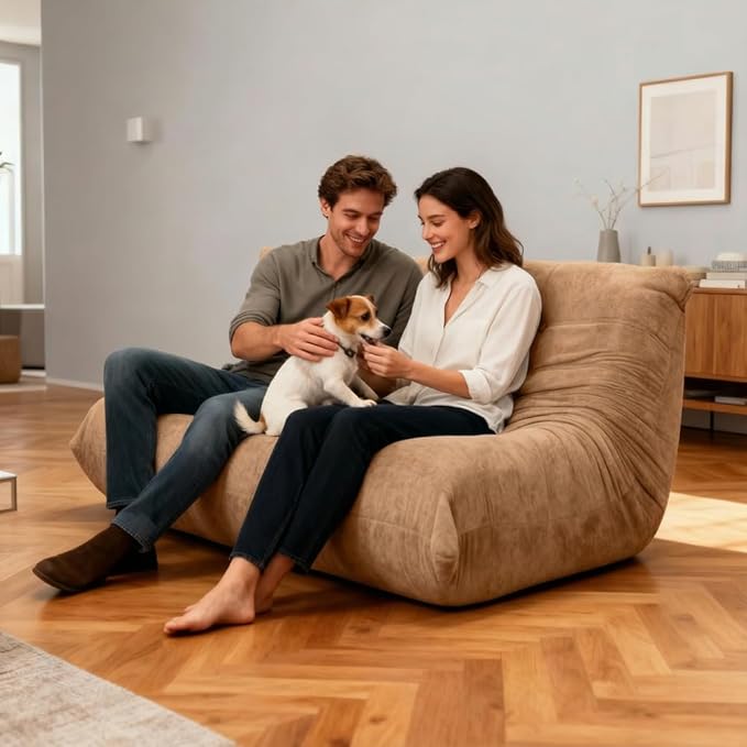 Sytopia Loveseat Bean Bag Chair, Oversized Reading Chair for Adults Ultra-Comfy, Corner Floor Sofa 40D Foam, Togo Sofa Furniture for Living Room Bedroom Gaming, Cashmere Beige