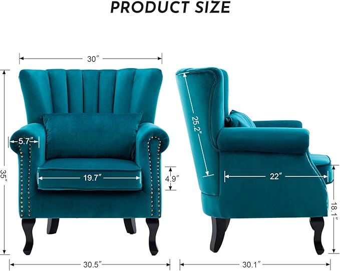 LZAREAL Accent Reading Arm Chairs Midcentury Modern Comfy Corner Sofa Chair, Wingback Waiting Room Club Chair with Tufted Back for Living Room/Bedroom/Reception Room, Velvet Teal