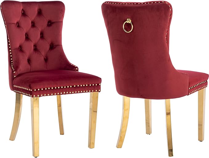 YeahFurn Mid Century Modern Dining Chairs Set of 2, Red Velvet Upholstered Tufted Back, Kitchen & Dining Room Chairs, Gold Metal Legs, Nailhead Trim, Sillas para Comedor (Red, 2 Pcs)