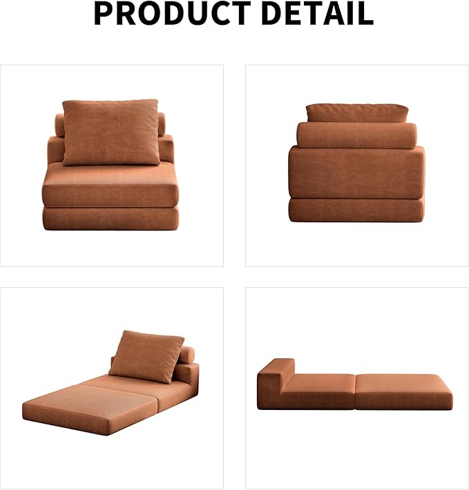 Folding Sofa Bed – Convertible Sleeper Chair Bed with Pillows/Single Floor Couch/Small Futon Couch Filled with High-Density Foam for Lounge, Guest Room or Office (Brown)
