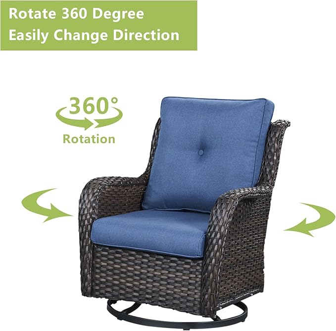 Rilyson Wicker Rocking Chair Swivel Chairs – 6 Piece Rocker Patio Furniture Set Rattan Rocking Bistro Sets with Glass Top Side Table for Outdoor Porch Deck Garden Backyard(Brown/Blue)