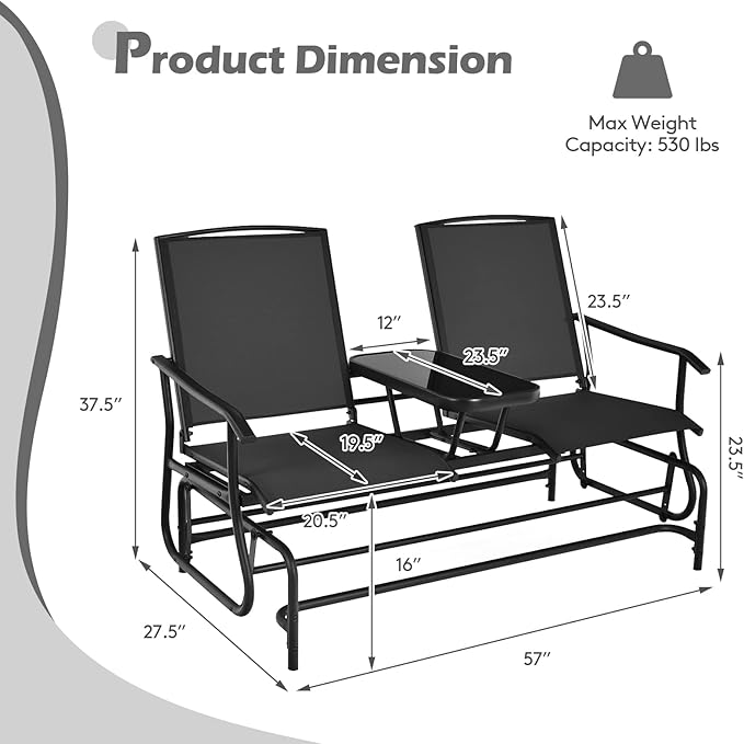 S AFSTAR 2-Person Outdoor Glider, Patio Glider Bench Chairs with Center Tempered Glass Table & Breathable Loveseat, Double Swing Glider Chair for Porch Garden Poolside Balcony Lawn (Black)