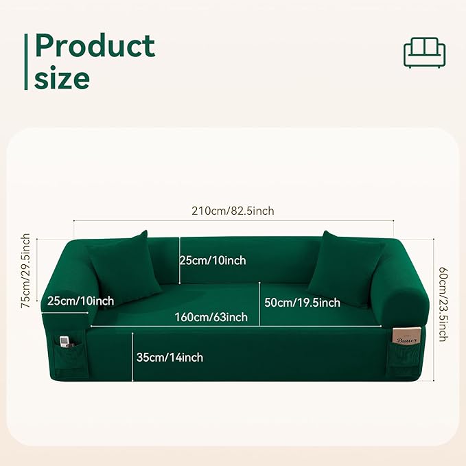 83" Boneless Couch, 3 Seater Sofa with 2 Matching Pillows Compact Corduroy Couches for Living Room Side Storage Pockets, Floor Sofa with Removable Armrests, No Assembly Required, Green