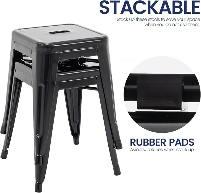 Brage Living 18 Inch Industrial Metal Stools Set of 2, Short Stackable Classroom Stools, Backless Metal Dining Chairs for Indoor Outdoor Kitchen (Black)