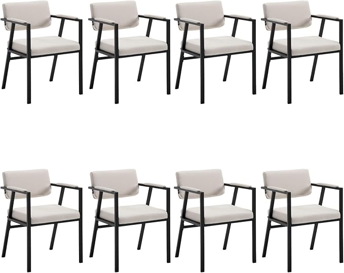 DUOMAY Modern Dining Chairs Set of 8, Linen Upholstred Side Arm Chairs Mid-Century Open Back Reception Chairs with Black Metal Legs for Kitchen Dining Room, Beige