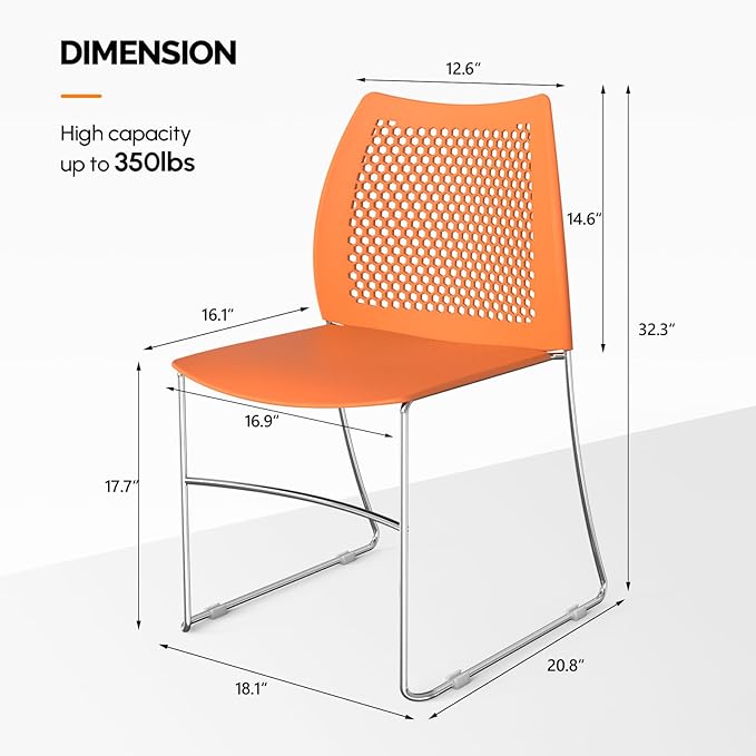 VINGLI Stacking Chairs Set of 4 Stackable Office Chairs with Metal Sled Base, Ergonomic Plastic Seat & Holes Back, Stacking Chairs for Waiting Room Break Room Banquet Guest, Orange