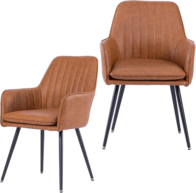 Purgreen Faux Leather Dining Chair Set of 2 - Modern Mid-Back Accent Chair with Metal Legs - Comfy Upholstered Chair for Living Room，Restaurant，Reception Room (Leather Whisky Brown, Set of 2)