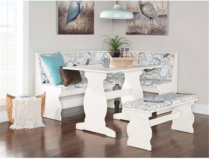 Riverbay Furniture Transitional Wood & Fabric Upholstered Corner Nook Dining Set with Table & Bench & Corner Unit, Some Assembly Required, Seats Up to 5 People, in White Finish