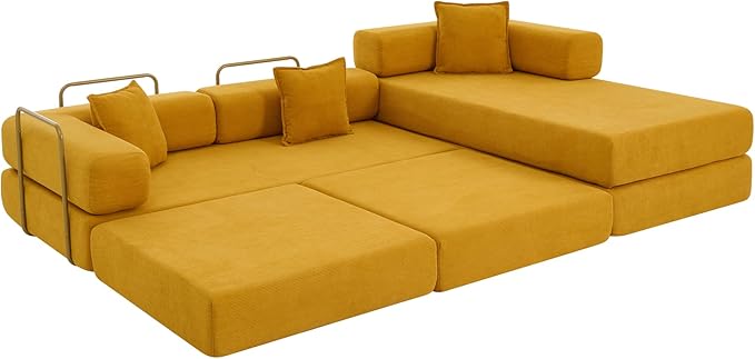 108" Convertible Sleeper Sofa Bed, Corduroy Folding Sofa Bed with Fixed-Shape Frame, Fold Out Floor Mattress Couch, Lazy Compression Sofas for Living Room, Bedroom, No Assembly Required,Yellow