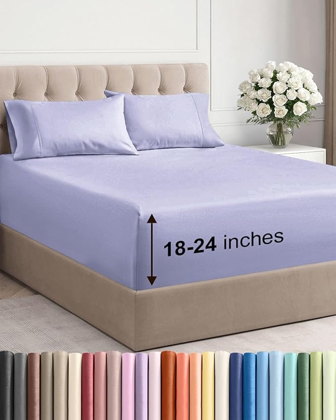 Extra Deep Pocket Cal King Sheets - 4 Piece Breathable & Cooling Bed Sheets - Hotel Luxury Bed Sheet Set - Soft, Wrinkle Free & Comfy - Easily Fits Extra Deep Mattresses - Deep Pocket Lavender Sheets