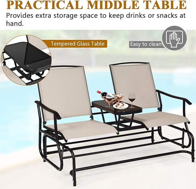 S AFSTAR 2-Person Outdoor Glider, Patio Glider Bench Chairs with Center Tempered Glass Table & Breathable Loveseat, Double Swing Glider Chair for Porch Garden Poolside Balcony Lawn (Beige)