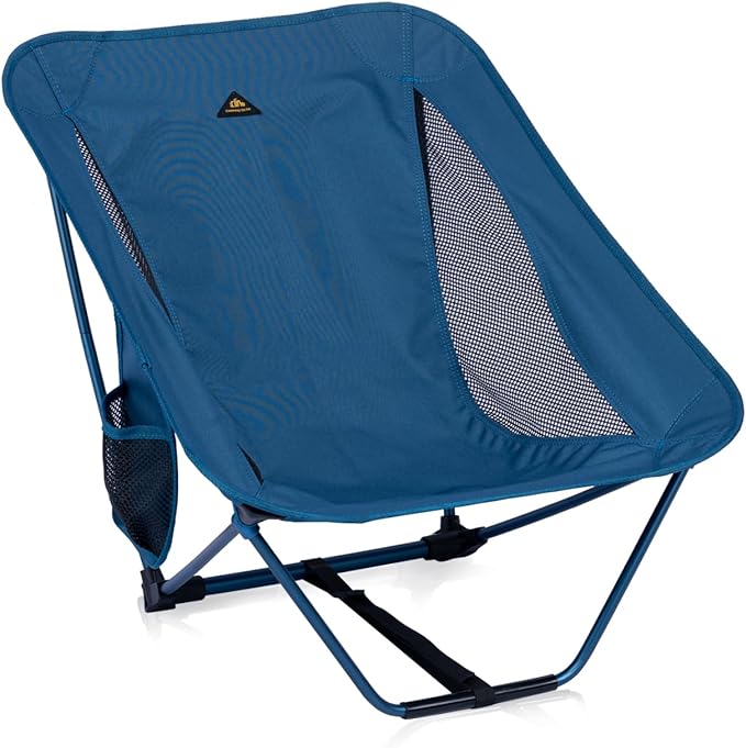 iClimb Low Ultralight Compact Camping Folding Chair with Side Pocket and Carry Bag (Blue)