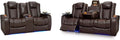 Seatcraft Anthem Italian Leather Sofa w/Fold-Down Table & Loveseat w/Storage Console, Living Room, Power Headrest, Power Recline, Brown