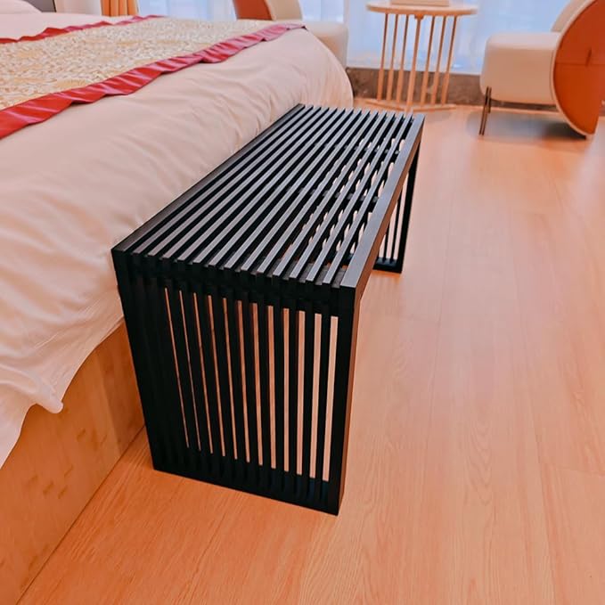 Berkvee Versatile Wooden Slatted Bench - Sleek Modern Design for Dining, Entryway, Bedroom - Indoor Use with Storage Capability for Home, Kitchen, Bathroom & Beyond (Black)