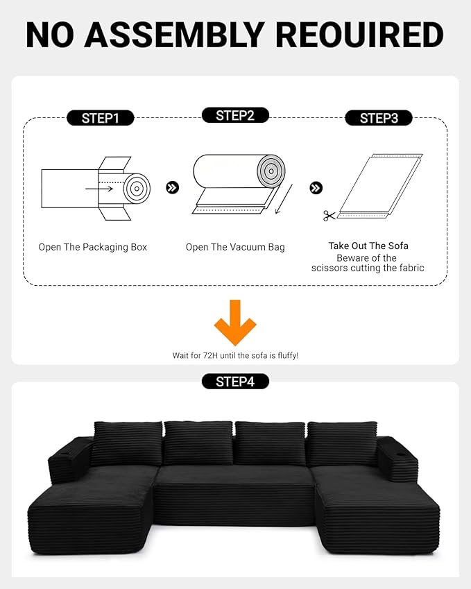 132" Modular Sectional Sleeper Sofa, Boneless Cloud Couch for Living Room, U Shaped 5 Seat Sofa with 2 Cup Holders, Free Combination, No Assembly Required (Black)