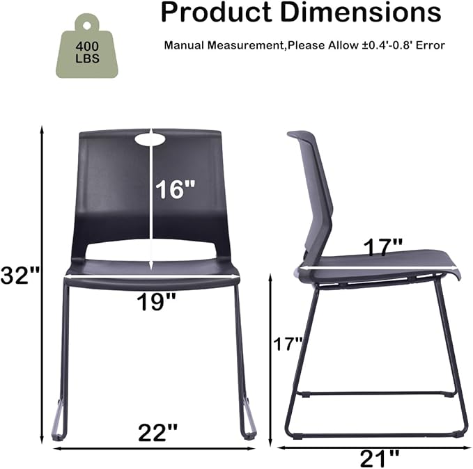 Black Stacking Chairs Set of 4, Modern Stackable Office Chairs with Wide Plastic Seat & Metal Sled Base for Waiting Room Break Room Conference Church Banquet Lobby