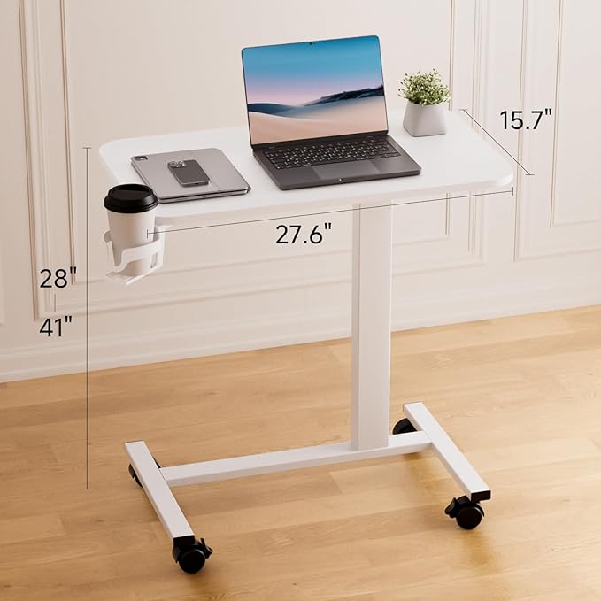 COMHOMA Adjustable Overbed Bedside Table with Lockable Wheels, Pneumatic Mobile Standing Laptop Desk, Small Standing Desk Portable Rolling Overbed Table Hospital Home Use(28" W x 16" D, White)