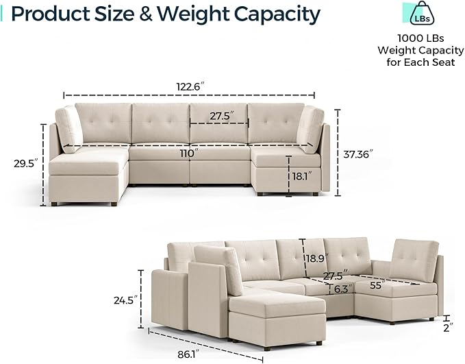 LINSY HOME Modular Sectional Sofa Oversized, Removable Cover Living Room Couches with Storage Deep Seat & Ottoman Chaise L/U Shaped Sofa Modern Couch (Grey, 6 Seats & 1 Ottoman)