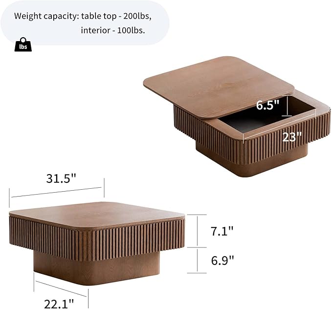 FGXJY Square Small Coffee Table with Storage, Modern Wooden Coffee Table with Solid Wood Veneered, Fluted Center Table Drum Tea Table for Living Room Apartment, 31.5''L×31.5''W×14''H