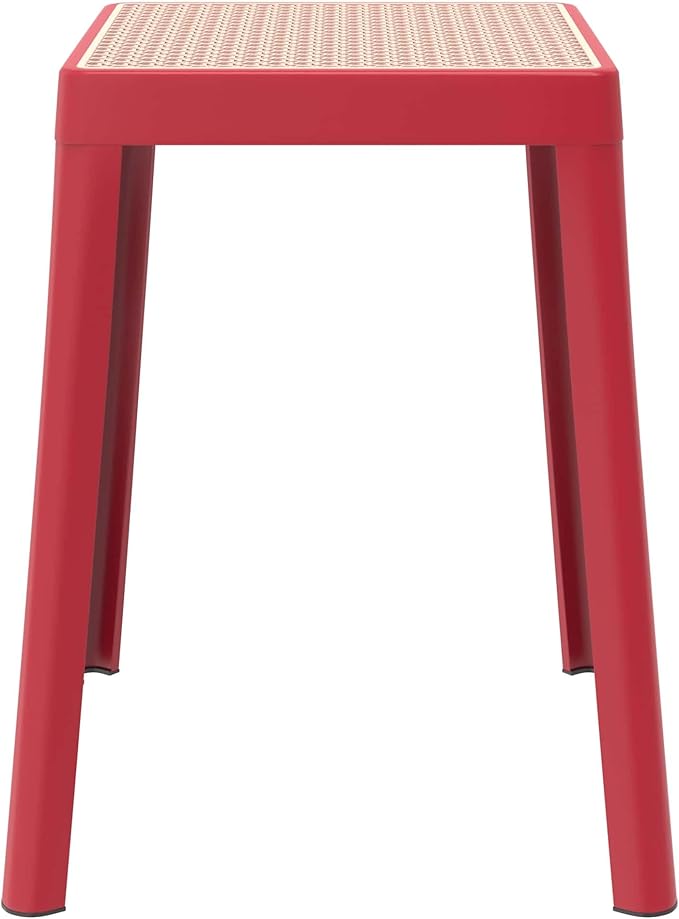 LeisureMod Stackable Square Plastic Dining Stool - Mid-Century Modern Backless Accent Stool with Wicker Top for Kitchen & Dining Room, Red