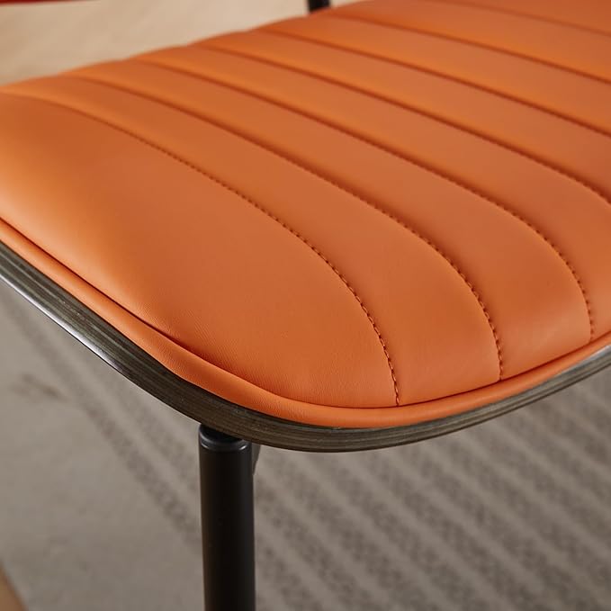 YaFiti Dining Chairs Set of 2, Mid Century Modern Dining Room Chairs, Upholstered PU Leather Vertical Stripe Kitchen Chair with Walnut Bentwood and Metal Legs, Orange