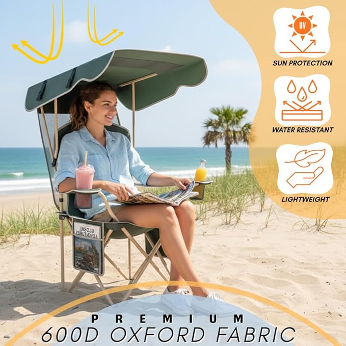 CozyBox Portable Folding Camping Chairs with Canopy Shade, Beach Chair for Adults, Durable Weather Resistant 600D Oxford Cloth, Camping Chair with Canopy for Outdoors [Olive Green-2 Pack]
