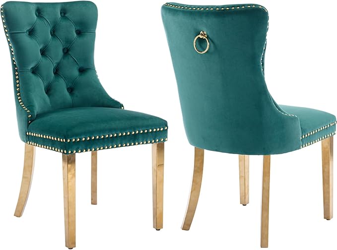 YeahFurn Mid Century Modern Dining Chairs Set of 2, Green Velvet Upholstered Tufted Back, Kitchen & Dining Room Chairs, Gold Metal Legs, Nailhead Trim, Sillas para Comedor (Green, 2 Pcs)