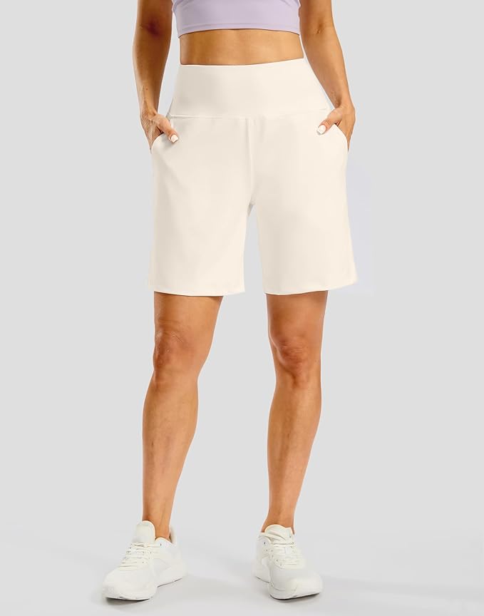 Women's Athletic Shorts with Zipper Pocket 7" High Waisted Stretchy Bermuda Shorts for Women Workout Running Casual