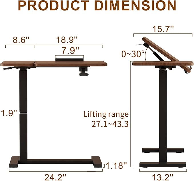 Solid Wood Overbed Bedside Table with Wheels, Tilting Adjustable Hospital Bed Table Over The Bed, Medical Mobile Laptop Stand, Rolling Standing Desk for Hospital and Home Use（Walnut）