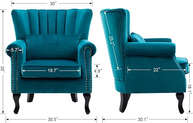 DM Furniture Velvet Accent Chairs Set of 2 with Arm Comfy Living Room Chair Mid-Century Modern Wingback Side Chair Single Sofa Couch for Bedroom Guest Room, Teal Blue