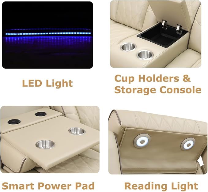 Toseslo Power Recliner Sofa Set with LED Light, Living Room Furniture Sets,Leather Sofa and 2 Chairs Set,Modern Power Reclining Sets with Cup Holder/Storage Console for House, Beige
